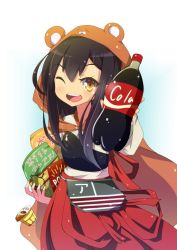 Rule 34 | 1girl, ;d, akagi (kancolle), black hair, bottle, chips (food), cola, cosplay, crossover, doma umaru, doma umaru (cosplay), flight deck, food, fuusen neko, hamster costume, himouto! umaru-chan, kantai collection, long hair, looking at viewer, one eye closed, open mouth, pocky, potato chips, pudding, skirt, smile, snack, soda bottle, solo, trait connection, yellow eyes