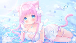 Rule 34 | 1girl, animal ear fluff, animal ears, blue eyes, blunt bangs, blush, breasts, bridal garter, cat ears, cat tail, choker, cleavage, cleavage cutout, clothing cutout, collarbone, dress, finger to cheek, full body, highres, index finger raised, large breasts, lying, omochi monaka, on side, original, pink hair, ribbon, scrunchie, short hair with long locks, smile, solo, tail, thigh scrunchie, thighs, water drop, wet, wet clothes, white dress, wrist scrunchie