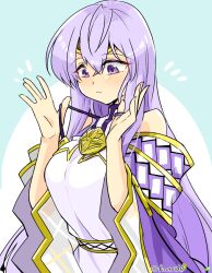 Rule 34 | 1girl, bare shoulders, circlet, dress, fire emblem, fire emblem: genealogy of the holy war, frown, hands up, julia (fire emblem), long hair, nintendo, purple eyes, purple hair, simple background, solo, wide sleeves, yukia (firstaid0)