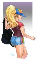 Rule 34 | 1girl, alternate hairstyle, ass, backpack, bag, baseball cap, blonde hair, blue eyes, cropped legs, diepod, from behind, hat, highres, lips, long hair, ponytail, rainbow mika, shirt, short shorts, shorts, solo, street fighter, street fighter v, t-shirt, thighs, toned, very long hair