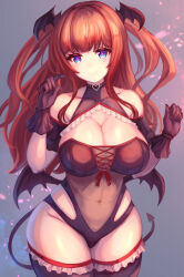 Rule 34 | .live, 1girl, absurdres, bare shoulders, black gloves, black sleeves, black thighhighs, blue eyes, breasts, cleavage, cleavage cutout, closed mouth, clothing cutout, collarbone, covered navel, cowboy shot, cross-shaped pupils, demon girl, demon tail, demon wings, denchi more power, detached sleeves, eyelashes, frilled thighhighs, frills, gloves, grey background, hands up, head wings, highres, kakyouin chieri, large breasts, leotard, long hair, red hair, red ribbon, ribbon, see-through, see-through leotard, short sleeves, sidelocks, smile, solo, symbol-shaped pupils, tail, thighhighs, thighs, two side up, virtual youtuber, wide hips, wings