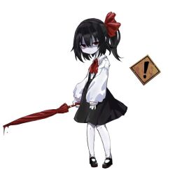 Rule 34 | !, 1girl, ascot, black footwear, black hair, black skirt, blood drip, bow, closed mouth, colored skin, cookie (touhou), expressionless, flat chest, full body, hair between eyes, hair bow, holding, holding umbrella, long bangs, looking at viewer, mary janes, medium hair, ponytail, red ascot, red bow, red eyes, red umbrella, shaded face, shirt, shoes, sign, simple background, siyudi (cookie), skirt, sleeves past wrists, solo, sparseseethe, standing, suspender skirt, suspenders, umbrella, warning sign, white background, white shirt, white skin