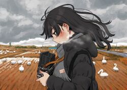 Rule 34 | 1girl, absurdres, bird, black coat, black eyes, black hair, blush, breath, camera, closed mouth, cloud, cloudy sky, coat, commentary, english commentary, field, from side, goose, grey sky, hand up, highres, holding, holding camera, long hair, long sleeves, looking down, original, outdoors, overcast, profile, sky, solo, upper body, winter, zinbei