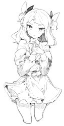 Rule 34 | 1girl, belt, bow, bowtie, closed mouth, coat, cropped legs, greyscale, hair bow, highres, ikeuchi tanuma, long hair, long sleeves, looking at viewer, monochrome, off shoulder, original, own hands together, simple background, solo, standing, white background