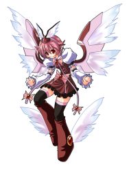 Rule 34 | 1girl, animal ears, black thighhighs, boots, bow, brooch, clenched hand, clenched hands, cosplay, doom (ketsui), dress, female focus, hat, jewelry, ketsui, mystia lorelei, pink hair, red eyes, ribbon, shoes, short dress, short hair, smile, solo, thighhighs, tobi (pixiv36250), touhou, white background, winged footwear, wings, zettai ryouiki