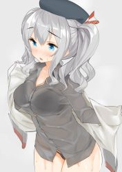 Rule 34 | 10s, 1girl, beret, black hat, black panties, blue eyes, blush, bow, breasts, buttons, cleavage, collarbone, collared shirt, cowboy shot, dress, eyebrows, gloves, grey background, grey shirt, hat, hat bow, jacket, kaisen chuui, kantai collection, kashima (kancolle), long sleeves, looking afar, medium breasts, no pants, open clothes, open jacket, panties, shirt, short hair, short twintails, silver hair, simple background, solo, sweatdrop, twintails, underwear, undressing, wavy hair, white gloves, white jacket, wing collar