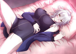 Rule 34 | 1girl, absurdres, ahoge, black dress, black panties, blue coat, breasts, cleavage, coat, collarbone, dress, fate/grand order, fate (series), fur-trimmed coat, fur trim, highres, jeanne d&#039;arc (fate), jeanne d&#039;arc alter (fate), jeanne d&#039;arc alter (ver. shinjuku 1999) (fate), knee up, large breasts, long sleeves, looking at viewer, lying, miyabi hakuro, official alternate costume, on back, on bed, open clothes, open coat, panties, pillow, short dress, short hair, silver hair, solo, thighs, underwear, wicked dragon witch ver. shinjuku 1999, yellow eyes