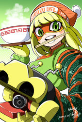 Rule 34 | 1girl, arms (game), artist name, beanie, blonde hair, bowl, chopsticks, dated, domino mask, dragon (arms), furumoto yuuya, green eyes, hand up, hat, looking at viewer, mask, meandros, min min (arms), mouth hold, nintendo, open mouth, orange hat, outline, short hair, smile, solo, steam, super smash bros., teeth, teeth hold, white outline, zipper pull tab