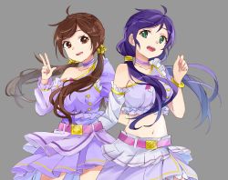 Rule 34 | 10s, 2girls, breasts, brown hair, green eyes, grey background, kusuda aina, large breasts, long hair, love live!, love live! school idol festival, love live! school idol project, multiple girls, purple hair, simple background, single bare shoulder, smile, taiki (ozone), tojo nozomi, twintails, voice actor