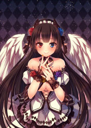 Rule 34 | 1girl, angel wings, argyle, argyle background, argyle clothes, bad id, bad pixiv id, bare shoulders, black hair, blue eyes, blue flower, blue nails, blue rose, blush, breasts, cleavage, cowboy shot, detached sleeves, dress, feathered wings, female focus, flower, green nails, hair flower, hair ornament, hair ribbon, hairband, heterochromia, horns, jewelry, laces, large breasts, long hair, looking at viewer, mitsuhachi8, nail polish, necklace, original, pearl necklace, pointy ears, purple flower, purple nails, purple rose, red eyes, red flower, red nails, red rose, ribbon, ribbon-trimmed skirt, ribbon trim, ring, rose, signature, smile, solo, strapless, strapless dress, underboob, very long hair, white wings, wings, wrist cuffs, yellow nails