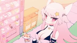 Rule 34 | 1girl, animal, animal ears, animated, animated gif, annytf, blush, breasts, bright pupils, cleavage, fox, fox ears, fox girl, hair ornament, highres, indie virtual youtuber, large breasts, long hair, looking at viewer, lyn mametchi, outdoors, pink hair, recycle bin, red eyes, smile, solo, star (symbol), star hair ornament, two side up, upper body, vending machine, white pupils, wind