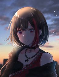 Rule 34 | 1girl, backlighting, bang dream!, black hair, bob cut, chain, chain necklace, choker, dusk, jewelry, mitake ran, multicolored hair, necklace, off shoulder, outdoors, red eyes, rinto (rint rnt), short hair, smile, solo, streaked hair, upper body
