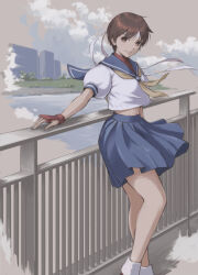 Rule 34 | 1girl, absurdres, blue skirt, breasts, brown eyes, brown hair, closed mouth, cloud, cloudy sky, commentary request, day, gloves, headband, highres, kasugano sakura, lips, looking at viewer, medium breasts, midriff, navel, outdoors, pleated skirt, puffy short sleeves, puffy sleeves, river, sailor collar, school uniform, short hair, short sleeves, simple background, skirt, sky, solo, street fighter, street fighter zero (series), tyanoki, water, white headband