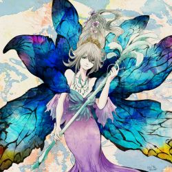 Rule 34 | 1other, androgynous, bare shoulders, blue eyes, blue wings, braid, breasts, butterfly wings, cleavage, collarbone, dress, fairy, final fantasy, final fantasy xiv, floating hair, flower, hair between eyes, hair flower, hair ornament, holding, holding staff, insect wings, jewelry, long hair, looking at viewer, necklace, purple dress, ruka (blueplus84), silver hair, single braid, smile, solo, staff, tiara, titania (final fantasy), very long hair, wings