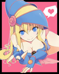 Rule 34 | 1girl, absurdres, bad id, bad pixiv id, bare shoulders, blonde hair, blue eyes, blush, breasts, cleavage, dark magician girl, duel monster, fingerless gloves, gloves, hat, heart, hexagram, highres, hotto kan, ichi-jirushi, large breasts, long hair, outside border, pentacle, smile, solo, speech bubble, spoken heart, witch hat, wizard hat, yu-gi-oh!, yuu-gi-ou, yu-gi-oh! duel monsters