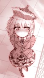 Rule 34 | 1girl, alternate costume, blush, crescent, female focus, formal, hat, kazetto, looking at viewer, looking up, lunasa prismriver, monochrome, necktie, pleated skirt, school uniform, short hair, sketch, skirt, smile, solo, suit, touhou