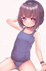 Rule 34 | 1girl, arm behind head, arm up, bare arms, bare shoulders, barefoot, blush, bright pupils, brown hair, closed mouth, collarbone, covered navel, crybabyglo, fallenshadow, flat chest, half updo, hand on own foot, highres, indie virtual youtuber, looking at viewer, medium hair, pink eyes, school swimsuit, sidelocks, simple background, sitting, smile, solo, spread legs, straight hair, swimsuit, virtual youtuber, wristband