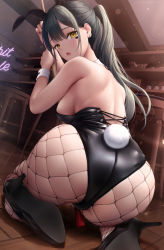 Rule 34 | 1girl, animal ears, ass, back, black footwear, black hair, black leotard, breasts, ceiling, commentary request, fake animal ears, fake tail, fishnet pantyhose, fishnets, from behind, high heels, highres, indoors, leotard, long hair, looking at viewer, looking back, mhru, nail polish, open mouth, original, pantyhose, playboy bunny, ponytail, rabbit ears, rabbit tail, red nails, sideboob, solo, stool, tail, wrist cuffs, yellow eyes