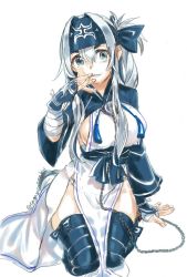 Rule 34 | 10s, 1girl, ainu, ainu clothes, bandana, black thighhighs, blue eyes, breasts, cropped jacket, dress, folded ponytail, full body, hair between eyes, headband, kamoi (kancolle), kantai collection, large breasts, long hair, long sleeves, looking at viewer, pelvic curtain, sagamiso, seiza, sidelocks, simple background, sitting, sleeveless, sleeveless dress, smile, solo, thick eyebrows, thighhighs, twitter username, underwear, white background, white dress, white hair, wrist guards