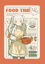 Rule 34 | 1girl, :3, absurdres, apron, comiket 103, cooking pot, cowboy shot, dress, earrings, elf, english text, frieren, green eyes, heart, highres, holding cooking pot, jewelry, long hair, oven mitts, pointy ears, rudrawong, solo, sousou no frieren, spoken heart, twintails, white dress, white hair