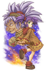 Rule 34 | 2girls, abe kanari, age comparison, broom, brown dress, brown footwear, dark chronicle, dress, dual persona, full body, green eyes, highres, holding, holding broom, lin (dark chronicle), looking at viewer, multiple girls, old, old woman, purple hair, shoes, short hair, smile, standing, standing on one leg, twintails