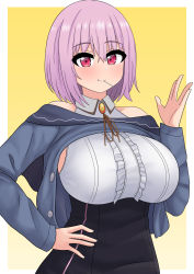Rule 34 | 1girl, absurdres, azur lane, blue jacket, breasts, candy, cardigan, closed mouth, food, framed, gridman universe, hair between eyes, hand on own hip, hand up, highres, jacket, large breasts, lollipop, long sleeves, looking at viewer, meme attire, pink eyes, pink hair, shinjou akane, shinjou akane (a vacation just for two), short hair, smile, ssss.gridman, the only shoe, upper body, virgin killer outfit, white cardigan, yellow background