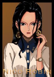 Rule 34 | 1girl, absurdres, black border, black hair, blue eyes, border, breasts, chanel, character name, collar, collared shirt, earrings, face, fashion, fingernails, gold earrings, highres, jewelry, large breasts, lips, lipstick, long fingernails, long hair, makeup, necklace, nico robin, one piece, sherumaru (korcht06), shirt, simple background, solo