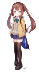 Rule 34 | 1girl, blue skirt, blush, bow, bowtie, brown footwear, brown hair, brown thighhighs, cardigan, closed mouth, collared shirt, commentary request, dress shirt, full body, green bow, green bowtie, green eyes, grey cardigan, highres, jacket, kokone (coconeeeco), loafers, long hair, looking at viewer, open clothes, open jacket, original, pleated skirt, shadow, shirt, shoes, signature, skirt, solo, standing, sweat, thighhighs, twintails, very long hair, white background, white shirt, yellow jacket