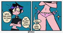 Rule 34 | ..., 1girl, animal print, collar, comic, commentary, contrapposto, crop top, ear piercing, earrings, english commentary, english text, highres, jewelry, midriff, navel, no pants, original, panties, piercing, pink panties, print panties, purple hair, rabbit panties, rabbit print, short hair, solo, sparkle, spiked collar, spikes, stud earrings, sweatdrop, twitter username, underwear, valbun, valbun (character)
