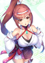 Rule 34 | 1girl, :o, bare shoulders, black gloves, breasts, brown eyes, brown hair, chest jewel, cleavage, feet out of frame, fingerless gloves, frilled skirt, frills, glimmer (xenoblade), gloves, hair between eyes, high ponytail, highres, large breasts, long hair, long sleeves, looking at viewer, novady, ponytail, purple skirt, simple background, skirt, solo, standing, very long hair, white background, wide sleeves, xenoblade chronicles (series), xenoblade chronicles 3