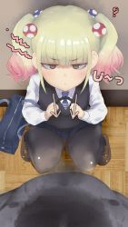 Rule 34 | 1girl, bag, blonde hair, from above, ghost, highres, loafers, looking at viewer, mieruko-chan, necktie, niguredou julia, pantyhose, pov, school bag, school uniform, sexually suggestive, shoes, skirt, twintails, zoudai
