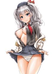 Rule 34 | 10s, 1girl, areola slip, beret, blue skirt, blush, breasts, clothes lift, female focus, frilled sleeves, frills, ganari ryuu, grey skirt, hat, jacket off shoulders, kantai collection, kashima (kancolle), large breasts, long sleeves, looking down, military, military uniform, miniskirt, off shoulder, open clothes, open shirt, panties, pleated skirt, pussy juice, see-through, shirt, short hair, silver hair, simple background, skirt, skirt lift, smile, solo, standing, two side up, underwear, uniform, wet, wet clothes, wet panties, white background, white panties