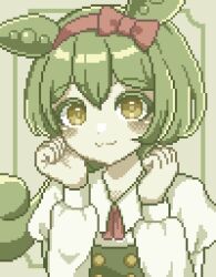 Rule 34 | 1girl, :3, ascot, blush, bow, edamame, green hair, hair bow, hairband, hands up, highres, long sleeves, looking at viewer, low ponytail, pea pod, pixel art, puffy sleeves, red ascot, red bow, solo, tori maro, upper body, voicevox, yellow eyes, zundamon