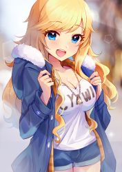 Rule 34 | 1girl, :d, absurdres, blonde hair, blue eyes, blue jacket, blue shorts, blurry, blurry background, blush, breasts, cleavage, clothes writing, collarbone, commentary request, cowboy shot, denim, denim shorts, depth of field, fur-trimmed jacket, fur trim, hands up, highres, idolmaster, idolmaster cinderella girls, idolmaster cinderella girls starlight stage, jacket, jewelry, large breasts, long hair, long sleeves, looking at viewer, necklace, ohtsuki yui, open mouth, sakura ran, shirt, short shorts, shorts, smile, solo, teeth, upper teeth only, wavy hair