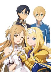 Rule 34 | 2boys, 2girls, ;), ;d, alice zuberg, armor, armored dress, asuna (stacia), black eyes, black hair, black jacket, blonde hair, blue dress, blue eyes, blue jacket, braid, breastplate, brown eyes, brown hair, cleaned, clothing cutout, collarbone, collared jacket, detached collar, dress, eugeo, eye contact, floating hair, french braid, gauntlets, gold armor, green eyes, hair between eyes, hair intakes, hairband, highres, holding hands, interlocked fingers, jacket, kirito, long hair, long sleeves, looking at another, multiple boys, multiple girls, official art, one eye closed, open mouth, pauldrons, school uniform, short hair, short sleeves, shoulder armor, shoulder cutout, simple background, smile, standing, sword art online, sword art online: alicization, sword mastery academy school uniform, upper body, very long hair, white armor, white background, white dress, white hairband, wing collar