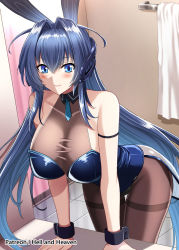 Rule 34 | 1girl, animal ears, arm strap, azur lane, black leotard, blue eyes, blue hair, bodystocking, breasts, cleavage, fake animal ears, hellandheaven, highres, large breasts, leotard, long hair, necktie, new jersey (azur lane), new jersey (exhilarating steps!) (azur lane), official alternate costume, playboy bunny, rabbit ears, see-through, see-through cleavage, solo, strapless, strapless leotard, wrist cuffs