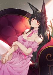 Rule 34 | 1girl, animal ears, bare shoulders, black hair, blunt bangs, braid, breasts, cleavage, commentary, detached collar, dress, french braid, highres, hoshimi miyabi, light particles, linreplica, long hair, looking at viewer, medium breasts, off-shoulder dress, off shoulder, pink dress, pink ribbon, puffy short sleeves, puffy sleeves, red eyes, ribbon, short sleeves, sitting, solo, thighhighs, thighs, very long hair, white thighhighs, zenless zone zero