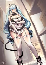 Rule 34 | 1girl, absurdres, animal ears, apron, arm under breasts, black dress, blue hair, breasts, cat ears, cat tail, dress, drill hair, elbow gloves, fake animal ears, fake tail, gloves, goddess of victory: nikke, highres, hwa nang, large breasts, legwear garter, light blue hair, light blush, long hair, maid, maid headdress, neck bell, official alternate costume, paw hair ornament, privaty (nikke), privaty (unkind maid) (nikke), signature, skindentation, solo, standing, tail, thighhighs, thighs, twin drills, twintails, very long hair, white apron, white gloves, white thighhighs, yellow eyes