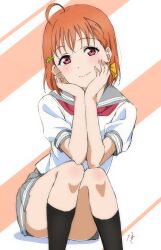 Rule 34 | 1girl, ahoge, arms on knees, braid, closed mouth, clover hair ornament, commentary, convenient leg, hair ornament, hair ribbon, hands on own cheeks, hands on own face, head rest, head tilt, highres, light blush, looking at viewer, love live!, love live! sunshine!!, nagi mkrnpn, orange hair, red eyes, ribbon, school uniform, short hair, side braid, signature, sitting, sketch, smile, solo, striped, striped background, summer uniform, thighs, uranohoshi school uniform