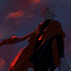 Rule 34 | 1boy, amakusa shirou (fate), cape, cloud, cloudy sky, cross, cross necklace, dark skin, earrings, fate/apocrypha, fate (series), fmc (f3m5), glowing, glowing eyes, high contrast, jewelry, male focus, necklace, rain, red eyes, sky, solo, stole, white hair