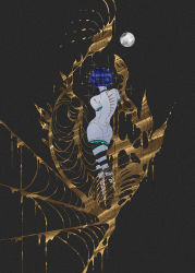 Rule 34 | 1other, androgynous, ass, black background, blue hair, broken, crack, crystal hair, dripping, from behind, glint, gold, highres, houseki no kuni, ko ryou, leaking, liquid, melting, molten metal, moon, phosphophyllite, phosphophyllite (ll), short hair, simple background, solo, sparkle, spikes, spoilers