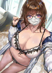 Rule 34 | 1girl, bra, breasts, brown hair, cleavage, coat, couch, glasses, highres, huge breasts, large breasts, looking at viewer, mask, mouth mask, navel, original, panties, pants, purple eyes, ran&#039;ou (tamago no kimi), solo, surgical mask, underwear