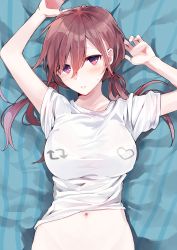 Rule 34 | 1girl, absurdres, arms up, arrow (symbol), bed sheet, blush, breasts, brown hair, clothes lift, collarbone, commentary request, hair between eyes, heart, highres, large breasts, like and retweet, long hair, looking at viewer, low twintails, navel, original, parted lips, purple eyes, shirt, shirt lift, short sleeves, solo, stomach, sweat, tomozero, twintails, twitter, upper body, white shirt