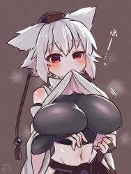 Rule 34 | 1girl, animal ears, arm under breasts, bare shoulders, blush, breasts, bridal gauntlets, brown background, brown hat, clothes lift, commentary request, detached sleeves, groin, hat, heart, heavy breathing, highres, ibaraki natou, inubashiri momiji, large breasts, looking ahead, midriff, mouth hold, navel, red eyes, red skirt, shirt lift, short hair, silver hair, simple background, skirt, solo, sweat, tassel, tokin hat, touhou, uneven eyes, upper body, wolf ears
