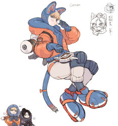 Rule 34 | 1other, 2girls, animal ears, animification, apex legends, black bun, blonde hair, bloodhound (apex legends), blue eyes, blue footwear, blue gloves, blue headwear, bodysuit, cable, cable tail, cat ears, chibi, chibi inset, gloves, hair bun, highres, hood, hooded bodysuit, hooded jacket, jacket, kagaya (oshiriudon), kemonomimi mode, looking at viewer, mask, mechanical tail, mouth mask, multiple girls, orange jacket, paw pose, paw shoes, single hair bun, smile, solo focus, tail, wattson (apex legends), white bodysuit, wraith (apex legends)