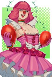 Rule 34 | 1girl, absurdres, ace attorney, balloon, barley juice, breasts, breasts out, clown, clown girl, clown nose, collar, collarbone, dress, flat chest, geiru toneido, highres, looking at viewer, multicolored clothes, nipples, open mouth, phoenix wright: ace attorney - spirit of justice, pink dress, pink hair, short hair, small breasts, smile, solo, spoilers, suspenders