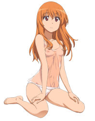 Rule 34 | 1girl, a1 (initial-g), bare shoulders, barefoot, breasts, character request, face, feet, flat chest, full body, long hair, nipples, orange hair, panties, red eyes, see-through, simple background, sitting, solo, underwear, white background, white panties