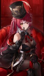 Rule 34 | 1girl, absurdres, ascot, bare shoulders, black gloves, black jacket, black leotard, breasts, brooch, cleavage, closed mouth, couch, crossed legs, gloves, hand up, hat, heterochromia, highres, hololive, houshou marine, houshou marine (marching band), index finger raised, jacket, jewelry, lace trim, large breasts, leotard, long hair, looking at viewer, megu (pixiv9460065), multicolored hair, off shoulder, official alternate costume, one side up, pantyhose, plume, red eyes, red hair, see-through, see-through cleavage, shako cap, sitting, thighhighs, two-tone hair, virtual youtuber, white hair, wing collar, yellow eyes