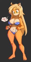 Rule 34 | 1girl, :/, adjusting clothes, adjusting swimsuit, aged up, ahoge, animal ears, animal nose, bare shoulders, barefoot, bikini, bikini bottom lift, black background, blonde hair, body fur, breasts, cleavage, closed mouth, coco bandicoot, collarbone, crash bandicoot (series), feet, female focus, flowers-imh, full body, furry, furry female, green eyes, groin, hair down, hands up, highres, large breasts, legs, lifting own clothes, long hair, looking down, navel, orange fur, polka dot, polka dot bikini, raised eyebrow, razor, sidelocks, simple background, skindentation, standing, stomach, strapless, strapless bikini, string bikini, swimsuit, thick thighs, thighs, thought bubble, toes, two-tone fur, wide hips, yellow fur