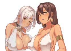 Rule 34 | 2girls, :o, akeggle, armlet, azur lane, backless dress, backless outfit, bang (gesture), bare shoulders, blunt bangs, breast press, breasts, brown eyes, brown hair, center opening, cleavage, cocktail dress, covered erect nipples, dark-skinned female, dark skin, dress, earrings, evening gown, facial mark, feather earrings, feathers, finger gun, forehead mark, hair between eyes, halter dress, halterneck, highres, jewelry, large breasts, massachusetts (azur lane), massachusetts (dressed to impress) (azur lane), multiple girls, native american, necklace, no bra, open mouth, sidelocks, silver hair, simple background, smile, south dakota (azur lane), south dakota (solo concert) (azur lane), symmetrical docking, tan, white background, white dress